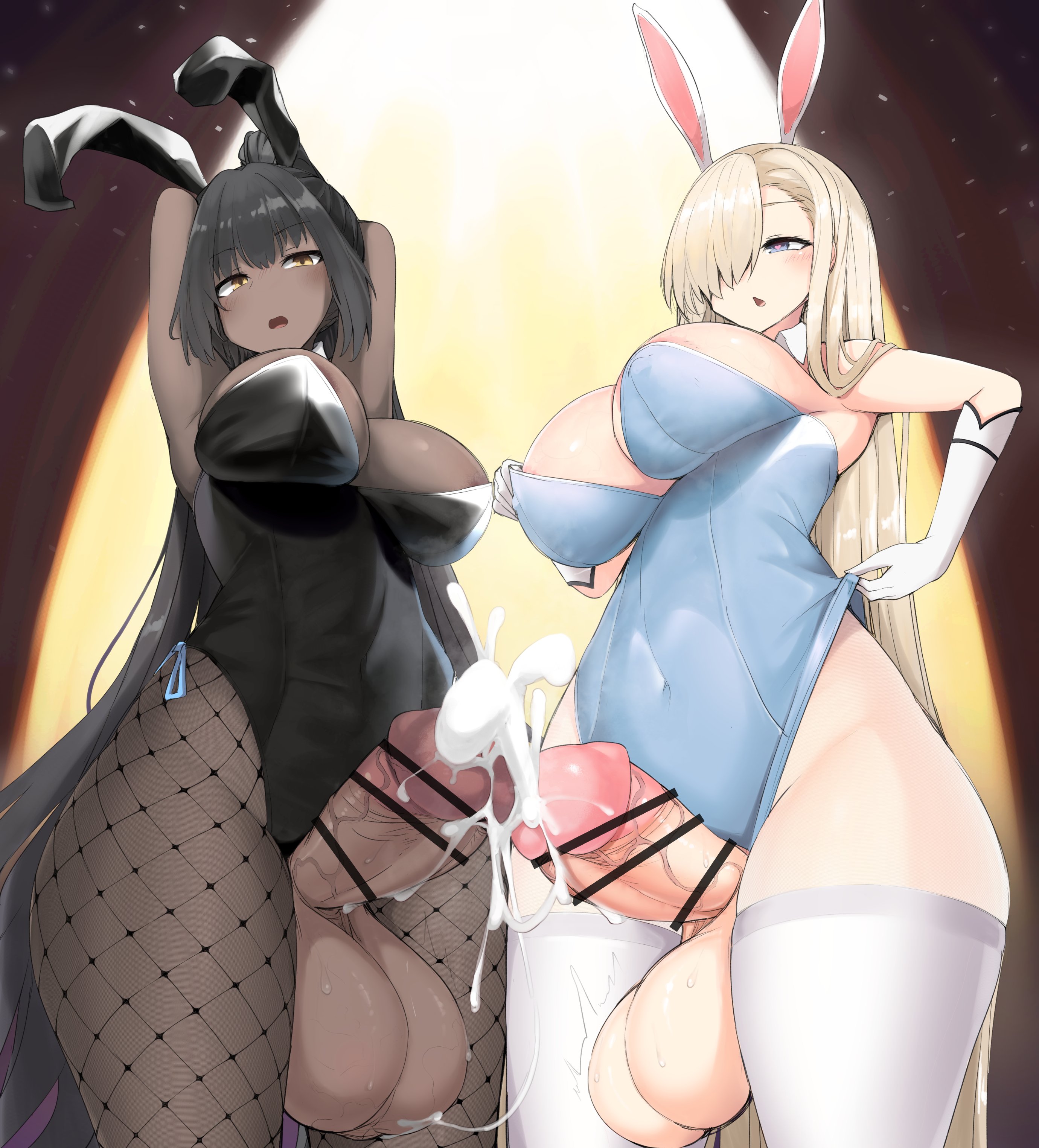 2futas, arms behind head, arms up, asuna (blue archive), asuna (bunny) (blue archive), balls, bangs, bar censor, big balls, big breasts, big penis, black hair, blonde hair, blue archive, breasts, bunny ears, bunnysuit, censored, clothed, clothing, cum, dark skin, dark-skinned futa, duo, ejaculation, erection, fishnets, futa only, futanari, hair over one eye, hands-free, handsfree ejaculation, horny, human, intersex, karin (blue archive), karin (bunny) (blue archive), light skin, light-skinned futa, long hair, low-angle view, mostly clothed, nnilaee, orgasm, oversized balls, penis, standing, thick cum, thick thighs, thighhighs, wide hips