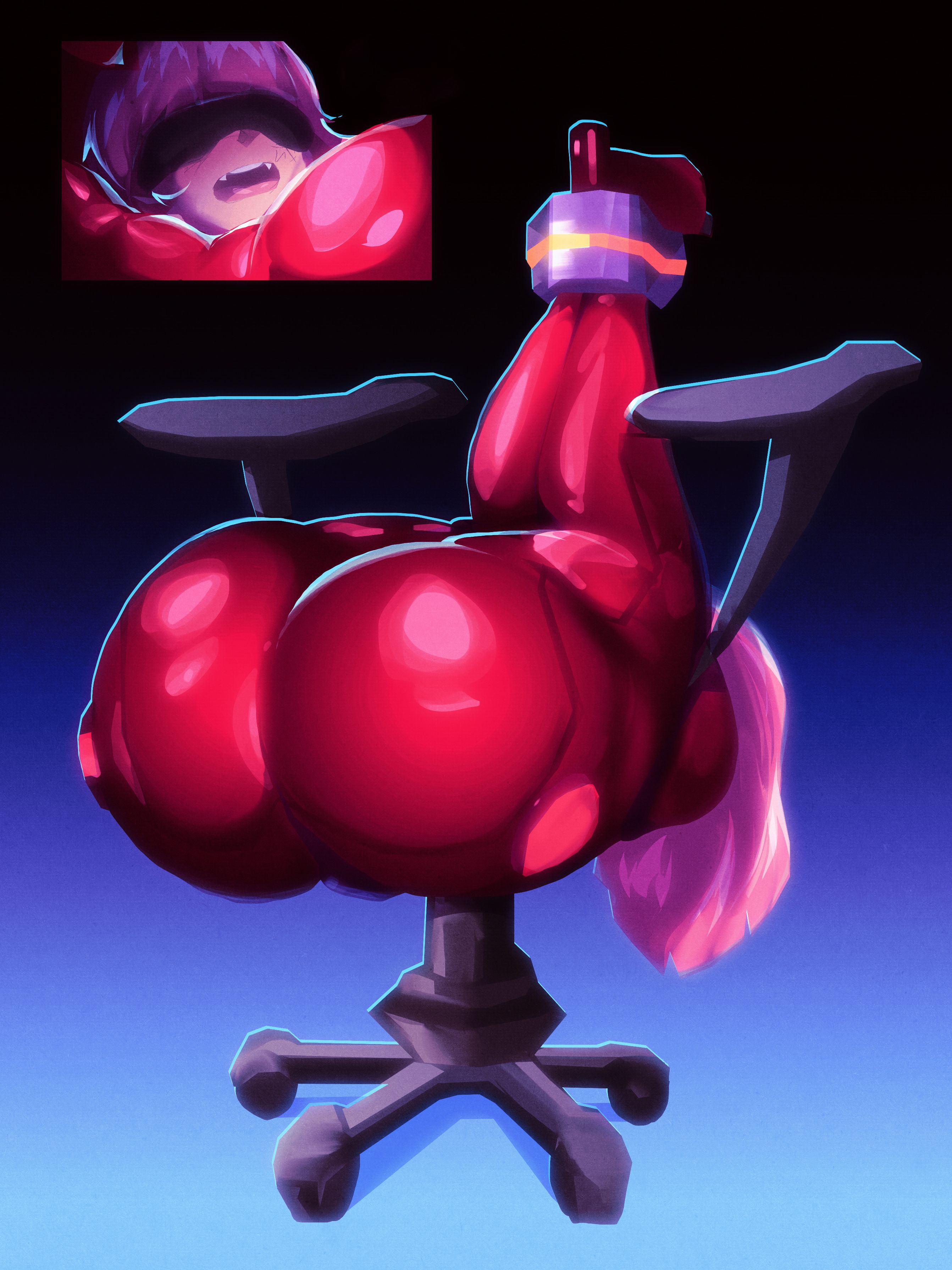 1girls, 2022, armor, armored dress, ass, big ass, blue background, blush, bondage, bondage chair, breasts, bubble ass, bubble butt, chain leash, chair, chair position, covered eyes, darling in the franxx, female, hair down, high resolution, highres, huge ass, human only, jumpsuit, legs up, long hair, open mouth, pink hair, riendonut, shiny ass, shiny hair, teeth, thick ass, thick thighs, thigh highs, tied up, tongue, upside-down, zero two (darling in the franxx)