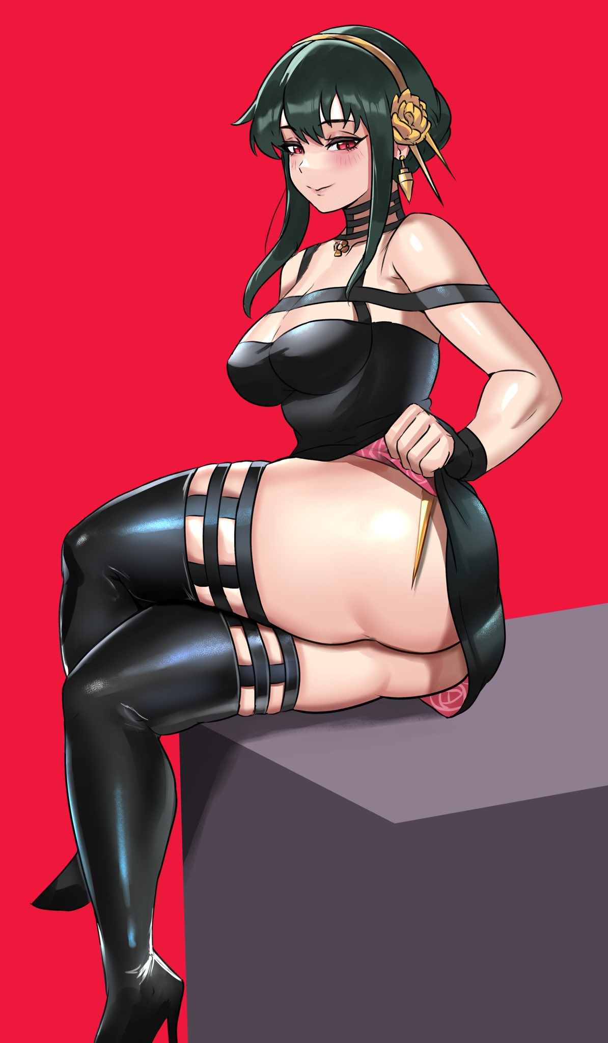 1girls, assassin, black hair, breasts, cleavage, female, female only, hi res, looking at viewer, red eyes, solo, spy x family, stiletto (weapon), thick thighs, thighhighs, thighs, thorn princess, yor briar, ytrall