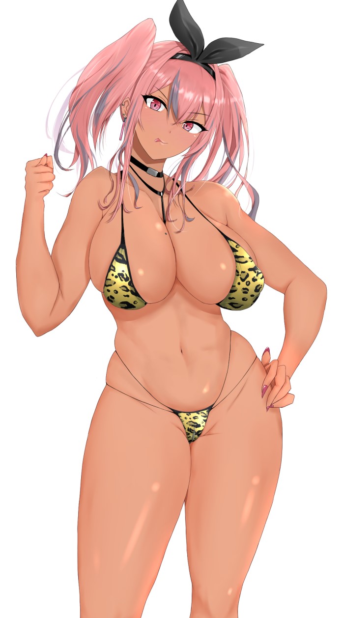 1girls, 2022, alternate version available, azur lane, beauty mark, bikini, blush, breasts, bremerton (azur lane), female, female only, hand on hip, hips, huge breasts, leopard print, leopard print bikini, long hair, mole on breast, pink eyes, pink hair, ranhatu, ribbon, ribbon in hair, simple background, slim waist, smile, tan, tan-skinned female, tanned skin, thick thighs, thighs, tongue, tongue out, twintails, wide hips