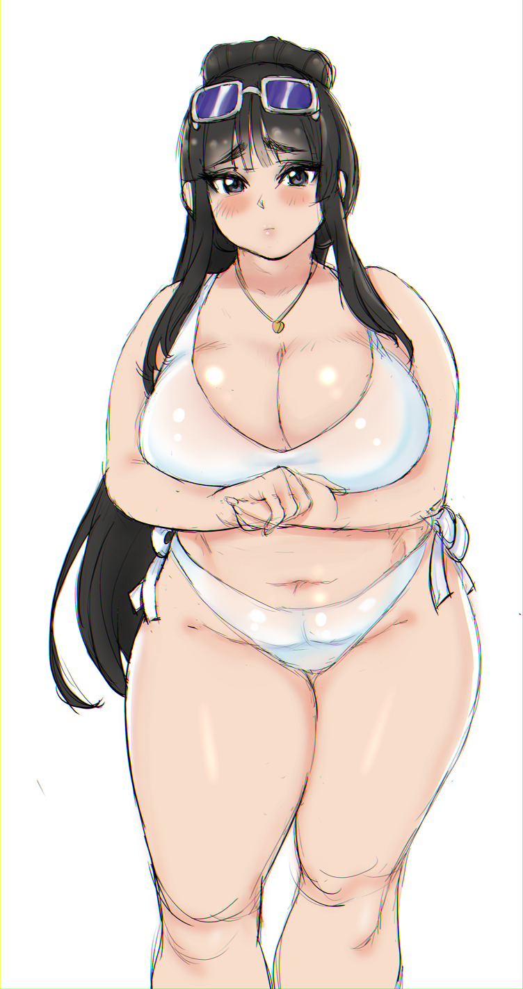 1girls, belly, big breasts, bikini, black hair, blush, breasts, chubby, chubby female, clothing, eyewear on head, fat, female, highres, holding hands, huge breasts, jewelry, k-on!, keigi (artist), long hair, mio akiyama (k-on!), necklace, plump, side-tie bikini, sunglasses, sunglasses on head, swimsuit, thick thighs, thighs, wide hips
