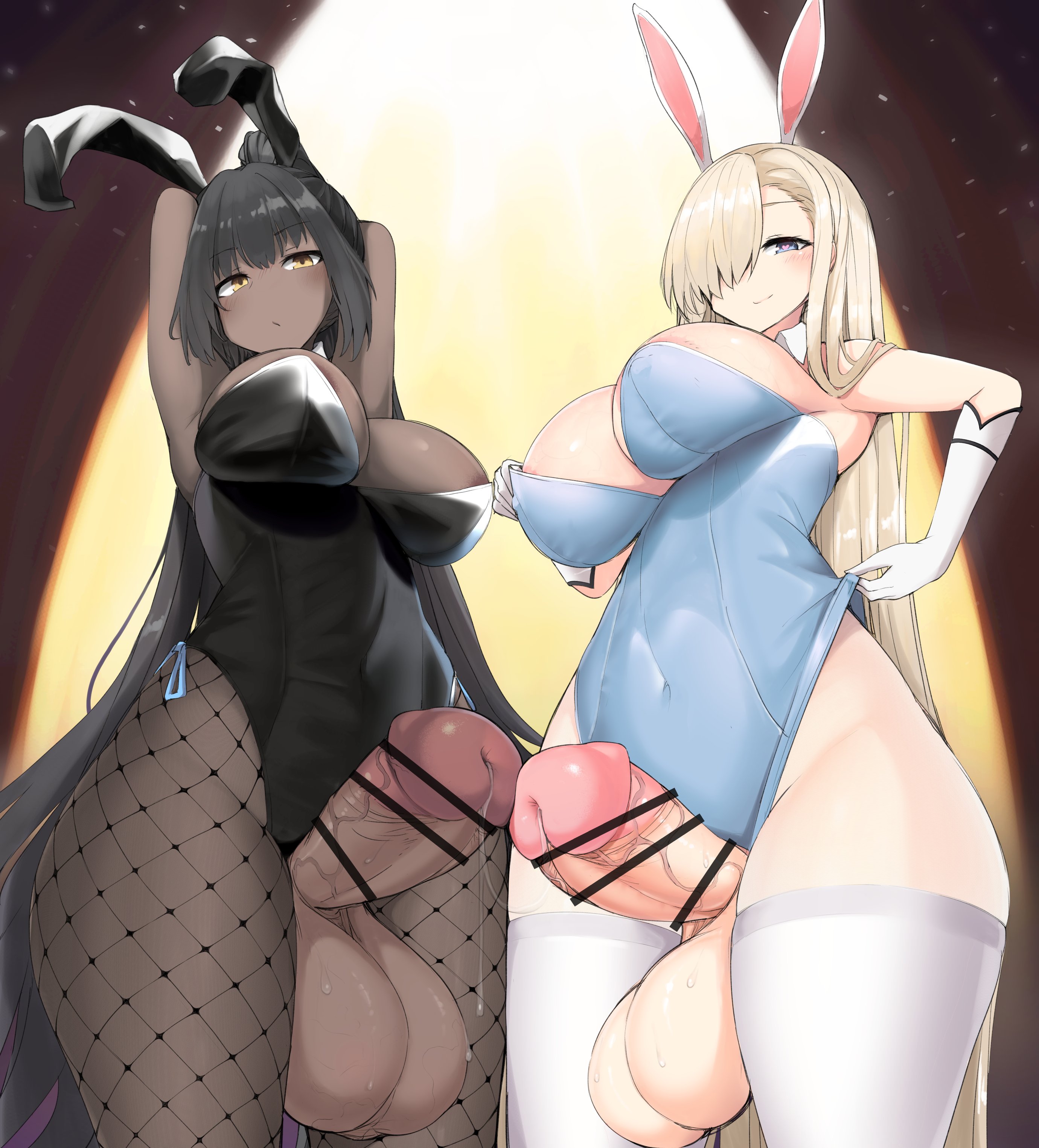 2futas, arms behind head, arms up, asuna (blue archive), asuna (bunny) (blue archive), balls, bangs, bar censor, big balls, big breasts, big penis, black hair, blonde hair, blue archive, breasts, bunny ears, bunnysuit, censored, clothed, clothing, dark skin, dark-skinned futa, duo, erection, fishnets, futa only, futanari, hair over one eye, human, intersex, karin (blue archive), karin (bunny) (blue archive), light skin, light-skinned futa, long hair, low-angle view, mostly clothed, nnilaee, oversized balls, penis, standing, thick thighs, thighhighs, wide hips