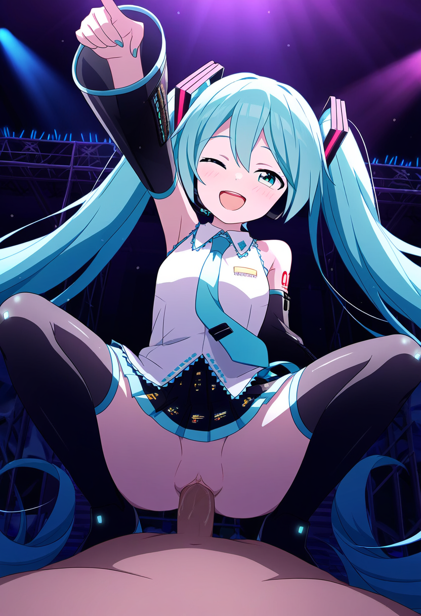 ai_generated black_sleeves blue_eyes blue_hair cowgirl_position cyan_eyes cyan_hair hatsune_miku long_hair moaning nai_diffusion pointing_up sex skirt sleeveless_shirt straight thighhighs twintails vaginal_penetration