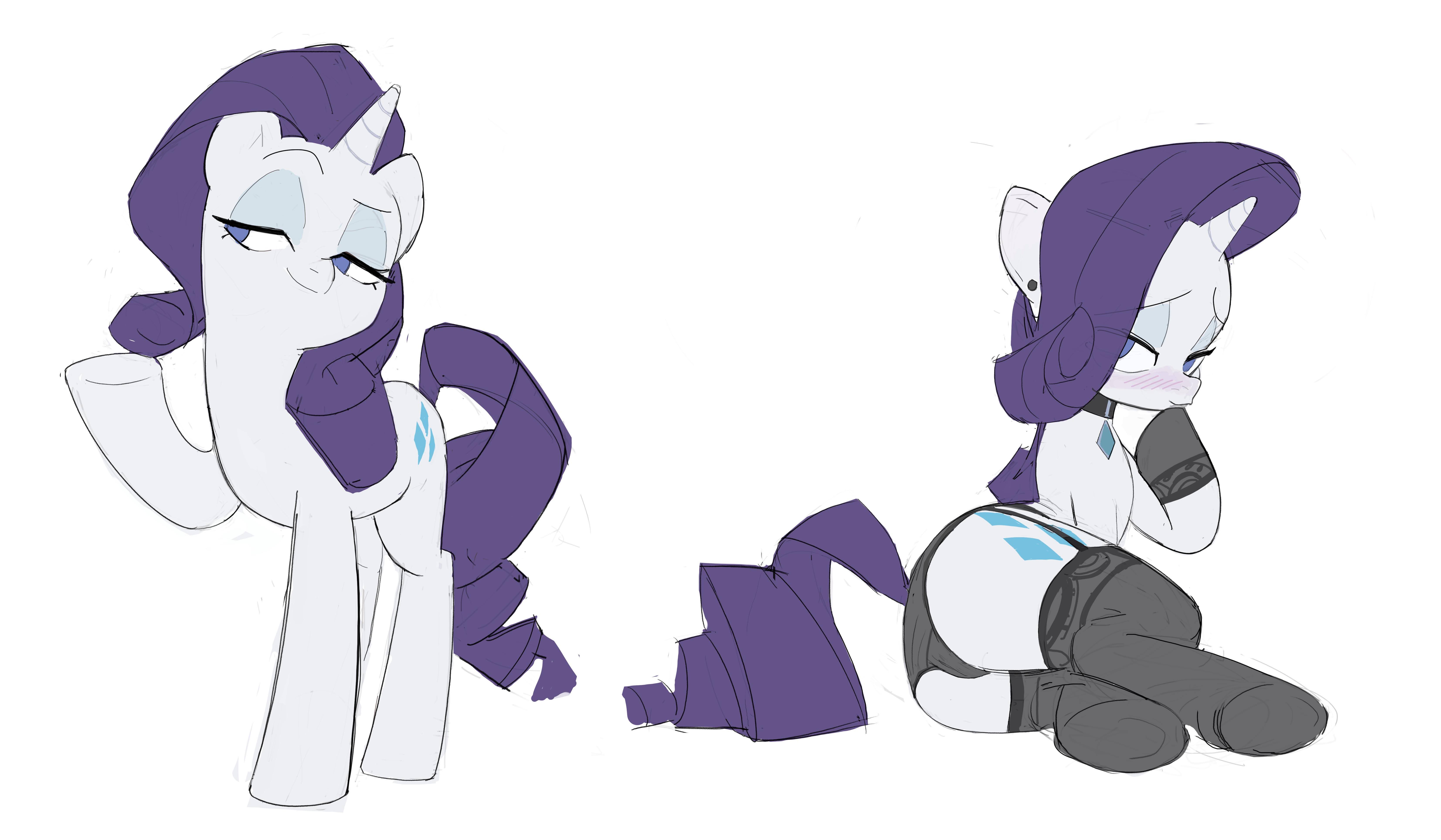 2025, 2d, absurd res, accessory, amugea, ass, blue eyes, blue eyeshadow, blush, camel toe, cameltoe, choker, clothed, clothed feral, clothing, collar, cutie mark, digital drawing (artwork), digital media (artwork), dock, equid, equine, eyebrows, eyelashes, eyeshadow, female, feral, feral only, footwear, friendship is magic, full color, furgonomics, garter, garter belt, garter straps, genitals, hair, hasbro, hi res, hooves, horn, jewelry, legwear, lingerie, looking back, looking back at self, looking down, looking down at self, low-angle view, makeup, mammal, my little pony, necklace, no penetration, open mouth, panties, purple hair, purple tail, pussy, quadruped, raised tail, rarity (mlp), rear view, simple background, socks, solo, solo female, stockings, tail, tail wraps, teeth, thigh highs, underhoof, underwear, unicorn, unicorn horn, white background, white body