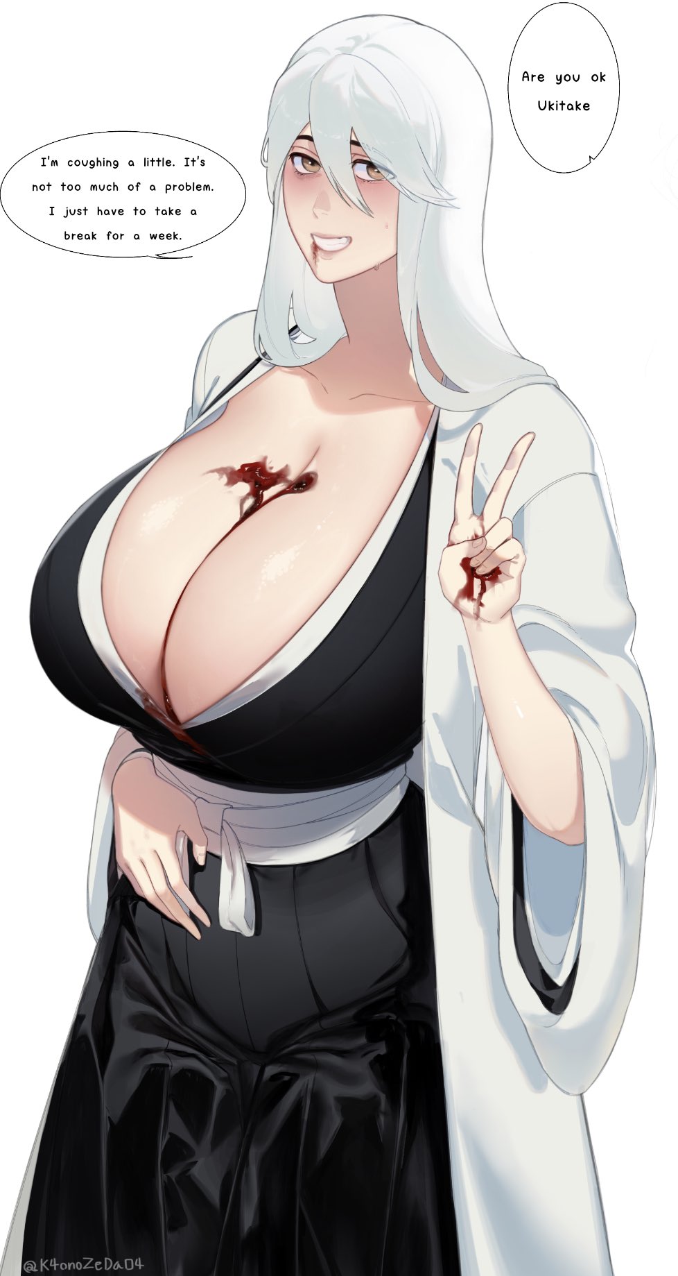 1girls bleach bleach:_the_thousand-year_blood_war blood breasts_bigger_than_head coughing_blood genderswap_(mtf) huge_breasts k4onozeda04 looking_at_viewer peace_sign rule_63 shinigami shinigami_uniform soul_reaper speech_bubble ukitake_jyuushiro v white_hair white_hair_female