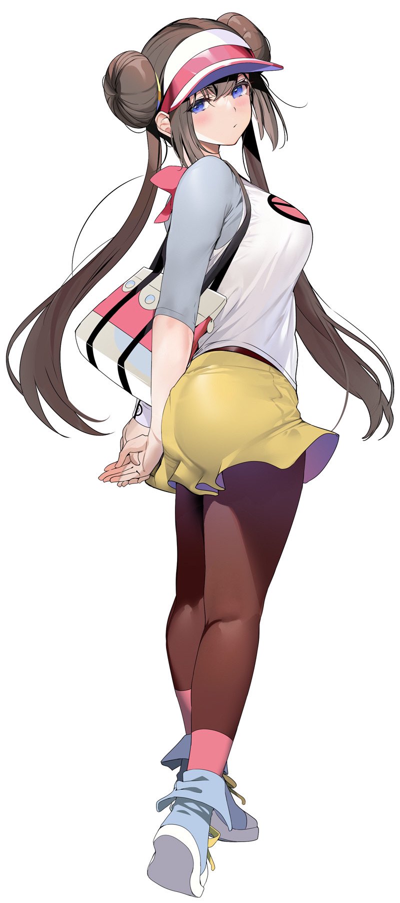 1girls ankle_socks anklehighs ass blue_eyes blushing brown_hair clothing female female_only game_freak hands_behind_back hourglass_figure leggings light-skinned_female light_skin long_brown_hair long_hair long_legs long_twintails looking_back_at_viewer marushin_(denwa0214) nintendo pink_socks pokeball_logo pokemon pokemon_bw2 rosa_(pokemon) serious sideboob skirt socks socks_over_pantyhose solo twin_buns twintails white_background