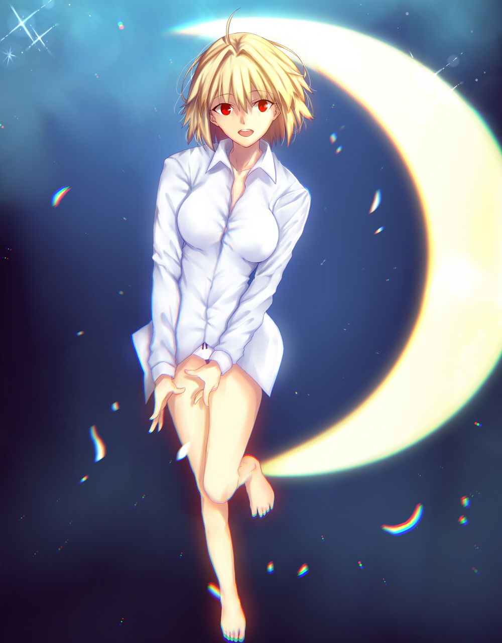 ahoge arcueid_brunestud barefoot blonde_hair breasts chromatic_aberration crescent_moon female hair_between_eyes hair_intakes highres iro_(sekaixiro) large_breasts looking_at_viewer moon no_pants open_mouth panties red_eyes round_teeth shirt short_hair solo teeth thigh_gap thighs tsukihime type-moon underwear upper_teeth_only white_panties white_shirt