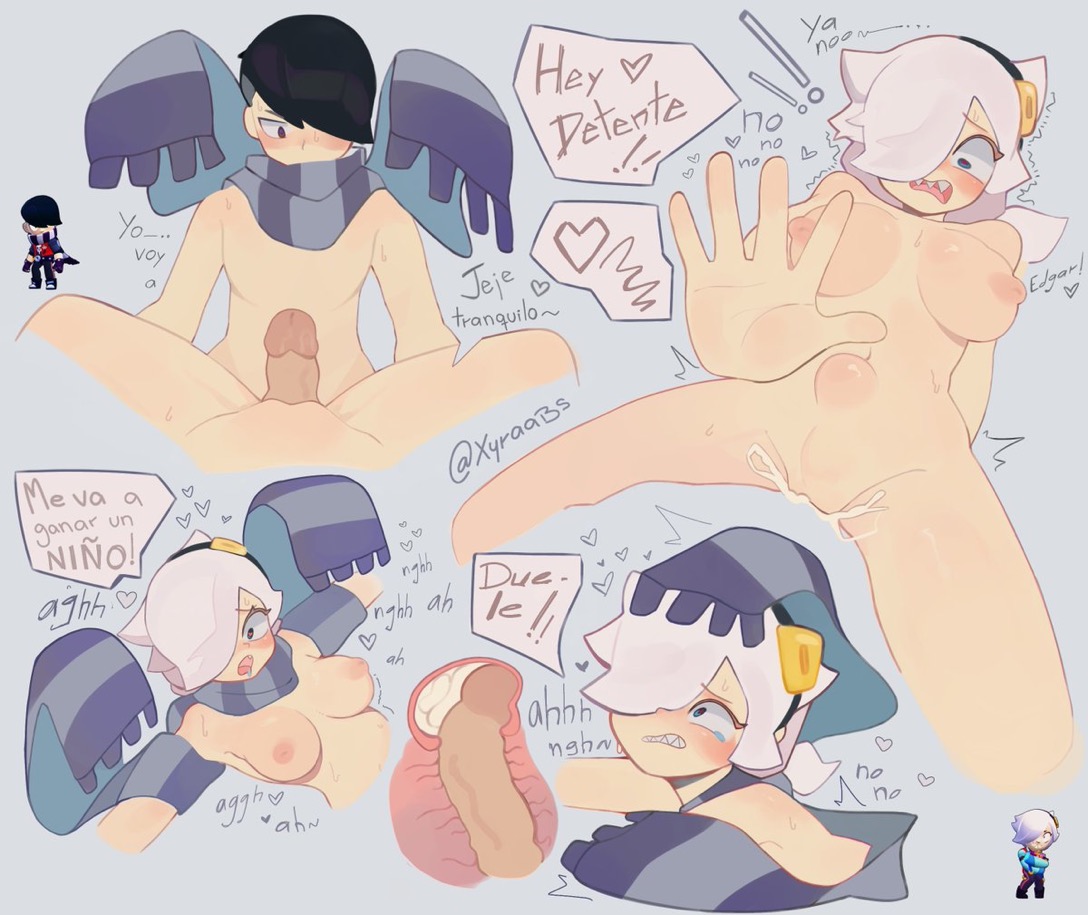 brawl stars, breasts, colette (brawl stars), cum, edgar (brawl stars), female, heart-shaped pupils, medium breasts, naked, pussy, sex, vaginal penetration, white hair, x-ray, xyraabs