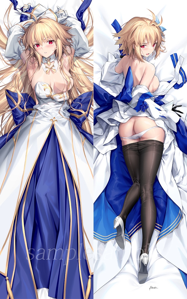 alternate_version_available archetype_earth arcueid_brunestud armpits arms_up ass ass back bare_shoulders big_butt black_gloves blonde_hair blue_skirt blush breasts cleavage dakimakura_(medium) detached_collar detached_sleeves dress fate/grand_order fate_(series) female flower gloves hair_flower hair_ornament high_heels highres kousaki_rui large_breasts layered_skirt long_hair long_skirt looking_at_viewer looking_back lying naked nude on_back open_mouth pantyhose parted_lips partially_nude red_eyes sash short_hair skirt tsukihime very_long_hair white_dress white_gloves