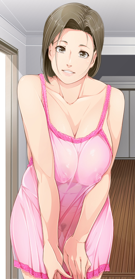 aratama (a-tama), breasts, brown eyes, brown hair, camisole, cleavage, female, large breasts, looking at viewer, mature female, milf, nipples, pubic hair, see-through, short hair, smile, solo, wife