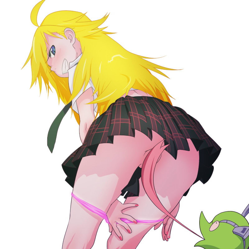 blonde_hair blue_eyes blush censored chuck_(psg) convenient_censoring cunnilingus grin kyoudyu looking_back oral panties panty_&_stocking_with_garterbelt panty_anarchy simple_background skirt smile tongue underwear