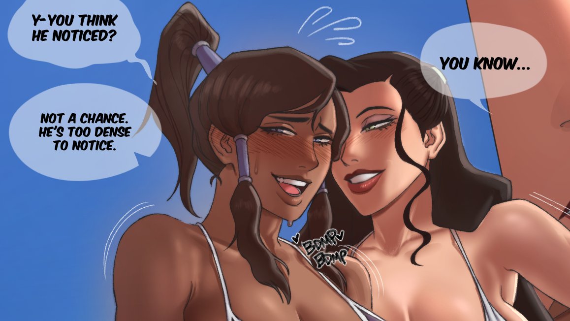 2girls, asami sato, avatar legends, canon couple, chocolate and vanilla, dark skin, dark-skinned female, english text, female, heartbeat, interracial, korra, light skin, light-skinned female, nickelodeon, nonbender, spageta, speech bubble, text, the avatar, the legend of korra, water tribe