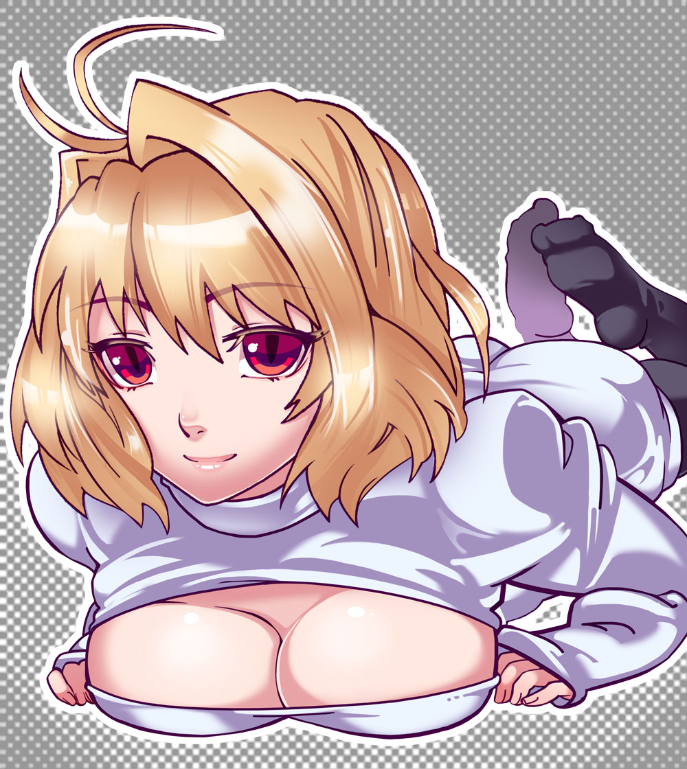 00s antenna_hair arcueid_brunestud black_pantyhose breasts cleavage cleavage_cutout clothing_cutout female female_focus hair_intakes large_breasts lips looking_at_viewer lying meme_attire no_shoes ogachin on_stomach open-chest_sweater pantyhose ribbed_sweater short_hair slit_pupils smile solo sweater tsukihime turtleneck