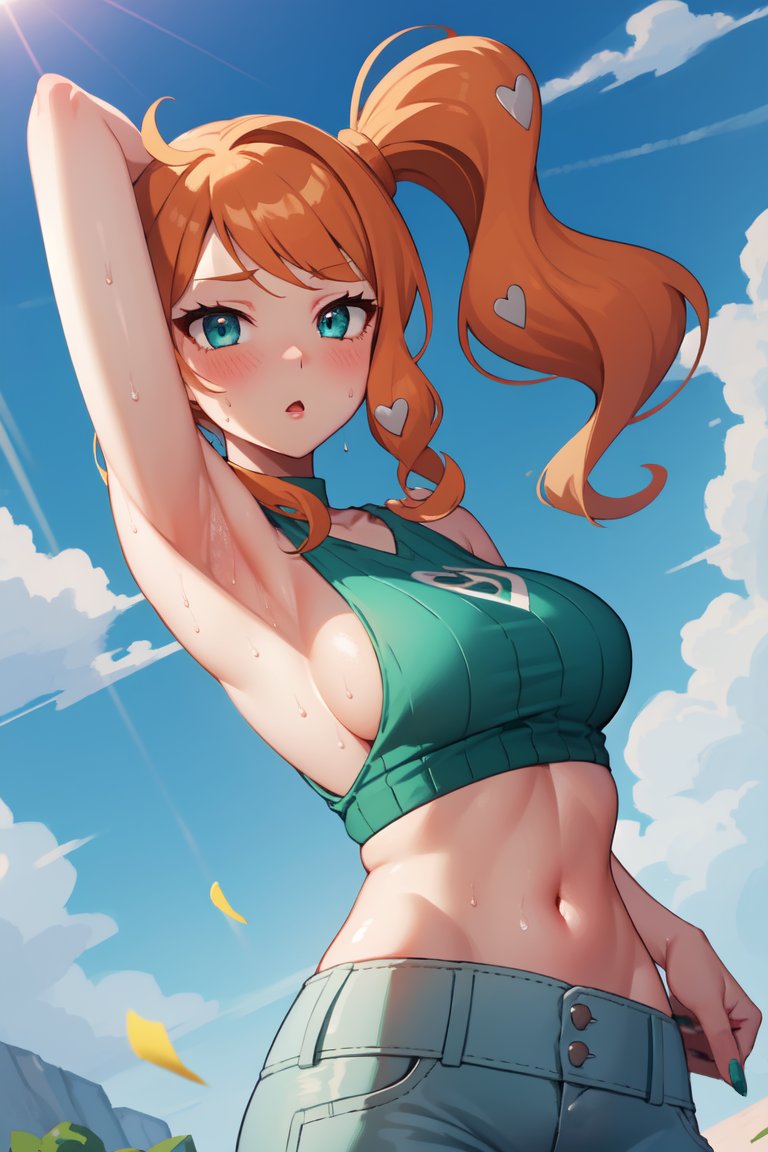 1girls, ai generated, armpit, armpits, arms up, blush, breasts, female, female only, from below, jeans, looking at viewer, looking down, midriff, nipples visible through clothing, outdoors, pokemon, pokemon ss, raight21, red hair, sideboob, solo, sonia (pokemon), stable diffusion, standing, sweat, sweatdrop, tank top