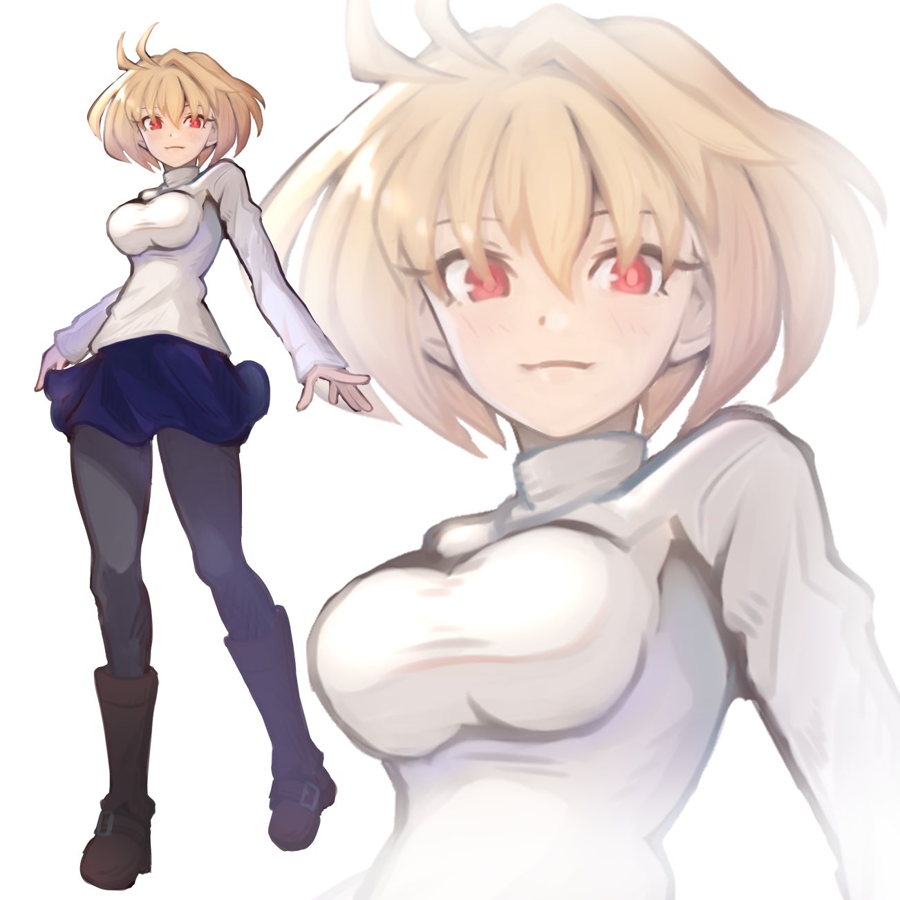 antenna_hair arcueid_brunestud blonde_hair blue_skirt boots breasts female full_body highres kore_(kore) large_breasts long_sleeves pantyhose red_eyes shirt short_hair skirt solo tsukihime tsukihime_(remake) vampire white_shirt zoom_layer