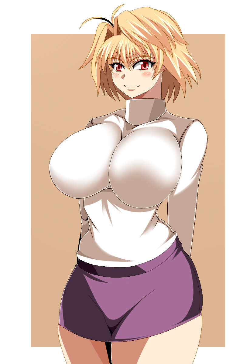 00s alternate_costume antenna_hair arcueid_brunestud arms_behind_back blonde_hair breasts female hair_intakes highres hikora huge_breasts impossible_clothes impossible_sweater melty_blood miniskirt no_legwear purple_skirt red_eyes short_hair skin_tight skirt smile solo sweater tsukihime tsukihime_(remake) turtleneck