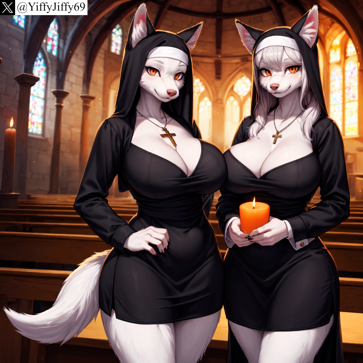 2girls ai_generated animal_ears animal_nose anthro apple artist_name black_dress body_fur breasts church cleavage cross cross_necklace dress food fruit furry furry_female habit holding holding_food holding_fruit indoors jewelry large_breasts long_hair long_sleeves looking_at_viewer multiple_girls necklace nun orange_eyes smile snout stable_diffusion tail twitter twitter_username watermark wolf_tail yiffyjiffy69