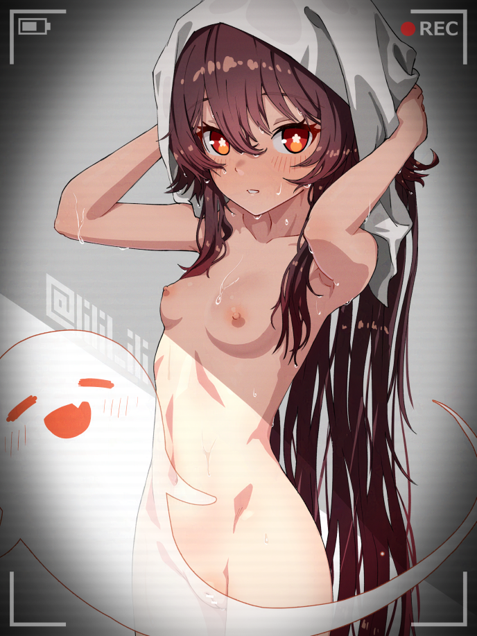 after_bathing breasts brown_eyes brown_hair censored drying drying_hair female female_only genshin_impact ghost hu_tao_(genshin_impact) long_hair looking_at_viewer medium_breasts pussy recording special_cat tower voyeurism