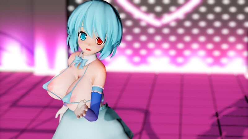 1girls 3d areola_slip blue_eyes blue_hair blue_skirt detached_collar detached_sleeves grimoirexorcism heterochromia indoors kogasa_tatara large_breasts looking_at_viewer mmd open_mouth red_eyes short_hair solo tatara_kogasa touhou