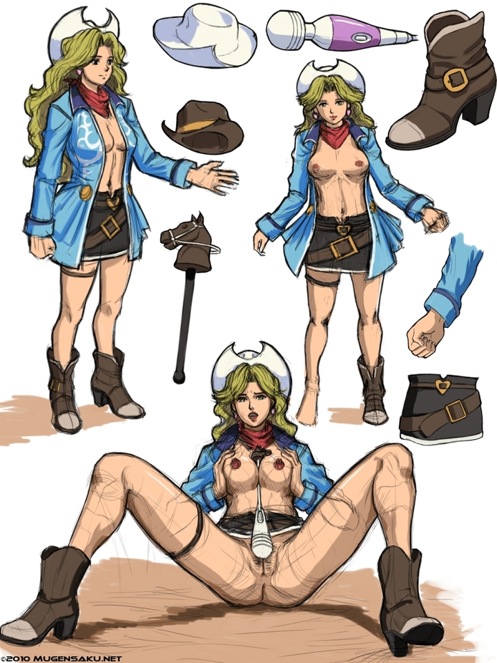 1girls 2010 blonde_hair breasts cowboy_bebop cowboy_hat female female_only hat human judy_(cowboy_bebop) large_breasts light-skinned_female light_skin long_hair mugensaku pubic_hair pussy shoes sketch skirt solo solo_female spread_legs vibrator