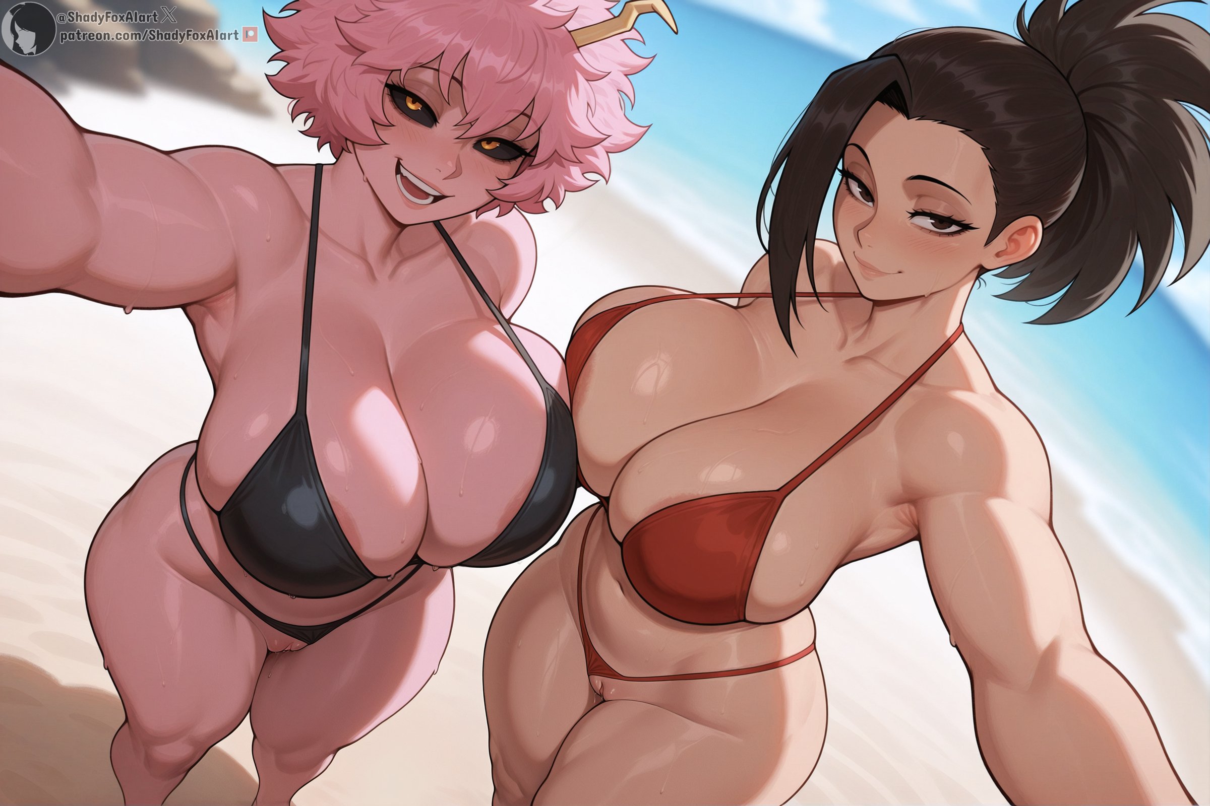 2025, 2girls, ai generated, areola, areola slip, areolae, armpits, ass, beach, big ass, big breasts, bikini, bikini bottom aside, black eyes, black hair, black sclera, black-haired female, blush, bodily fluids, breasts, collarbone, colored skin, couple, curvaceous, curvy, curvy figure, day, exposed pussy, female, female only, foreshortening, foreskin, from above, hair up, half-closed eyes, high resolution, highres, horn, lips, looking at viewer, mina ashido, momo yaoyorozu, motion lines, my hero academia, navel, ocean, outdoors, outside, perspective, perspective shot, pink hair, pink-haired female, ponytail, precum, precum drip, precum string, pussy, reaching out, seductive, seductive look, seductive smile, self upload, selfie, selfie pose, semi-erect, shadyfox, skindentation, smile, stable diffusion, standing, sunlight, sweat, sweatdrop, sweating, sweaty, teeth, thick thighs, thighs, tongue, uncircumcised, wet, wet pussy, wide hips, yellow eyes