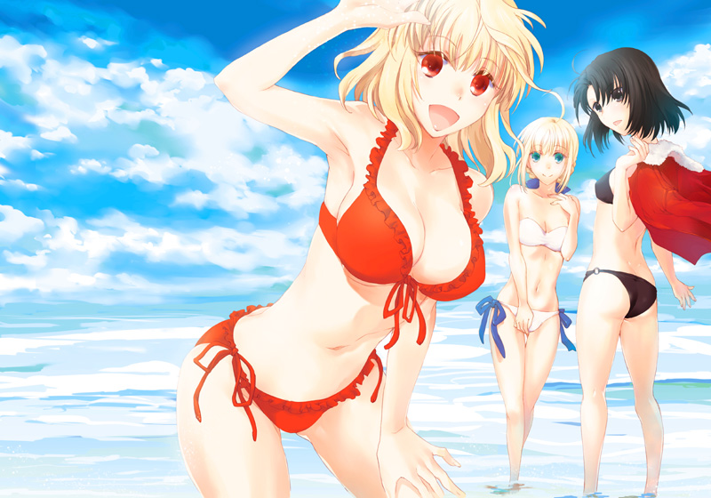 ahoge arcueid_brunestud artoria_pendragon_(fate) ass beach bikini black_eyes breasts cloud cloudy_sky fate/grand_order fate_(series) green_eyes hip_focus jacket kara_no_kyoukai large_breasts midriff navel ocean red_eyes red_jacket ryougi_shiki sky small_breasts swimsuit tsukihime