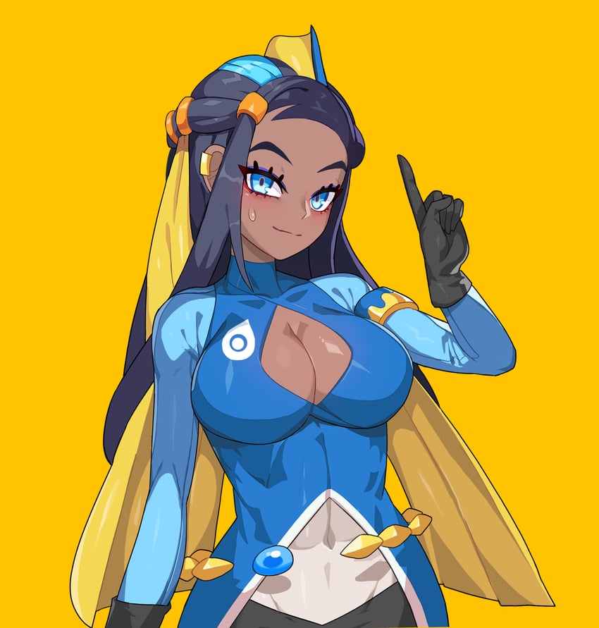 1girl 1girls 2022 2022s black_gloves black_hair blue_eyes boob_window breasts cleavage cleavage_cutout closed_mouth clothed clothing cosplay dark-skinned_female dark_skin drunkoak eyeshadow female female_focus female_only game_freak gen_8_pokemon generation_8_pokemon hand_up human human_female human_only inteleon_(cosplay) multicolored_hair nessa_(pokemon) nintendo pointing_up pokemon pokemon_(cosplay) pokemon_ss pokemon_sword_&_shield pokemon_swsh pokemon_trainer simple_background solo solo_female sweat sweatdrop wide_hips yellow_background