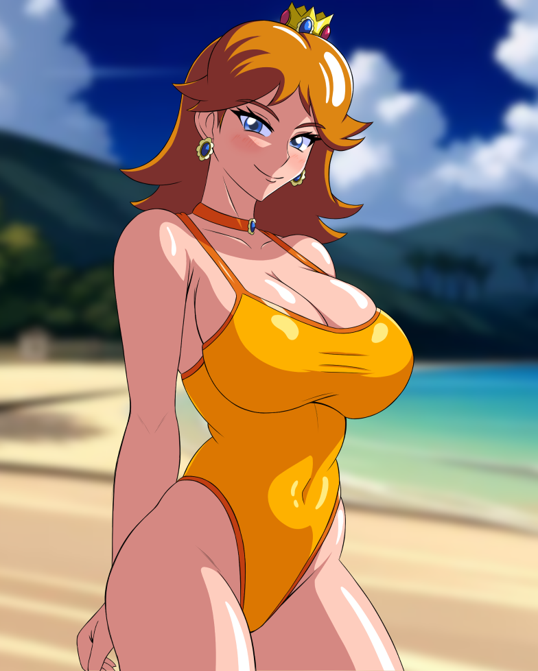 breasts female female_only looking_at_viewer mario_(series) nintendo princess_daisy solo swimsuit yeezusdraw