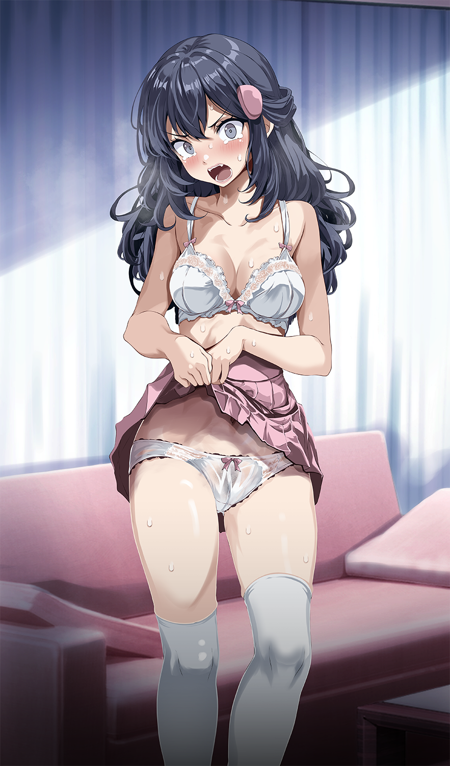 1girls, alternate version at source, alternate version available, angry, blue hair, blush, bra, breasts, caught, cleavage, commentary, dawn (pokemon), embarrassed, female, game freak, grey eyes, hair ornament, highres, indoors, long hair, looking at viewer, medium breasts, nintendo, panties, pokemon, pokemon (game), pokemon dppt, skirt, skirt lift, solo, sweat, thighhighs, tsukishiro saika, undressing, walked in on, wet panties, white bra, white legwear, white panties