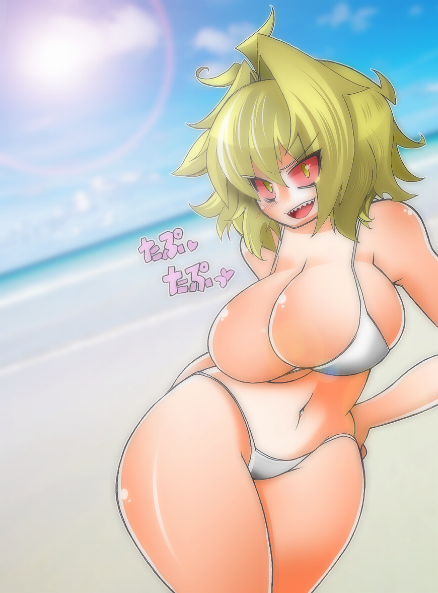 00s antenna_hair arcueid_brunestud ato_(bfj315) bags_under_eyes beach bikini blonde_hair blush breasts bursting_breasts cleavage colored_sclera day female hands_on_own_hips huge_breasts melty_blood navel red_arcueid red_sclera sharp_teeth short_hair sideboob solo swimsuit teeth tsukihime white_bikini yellow_eyes