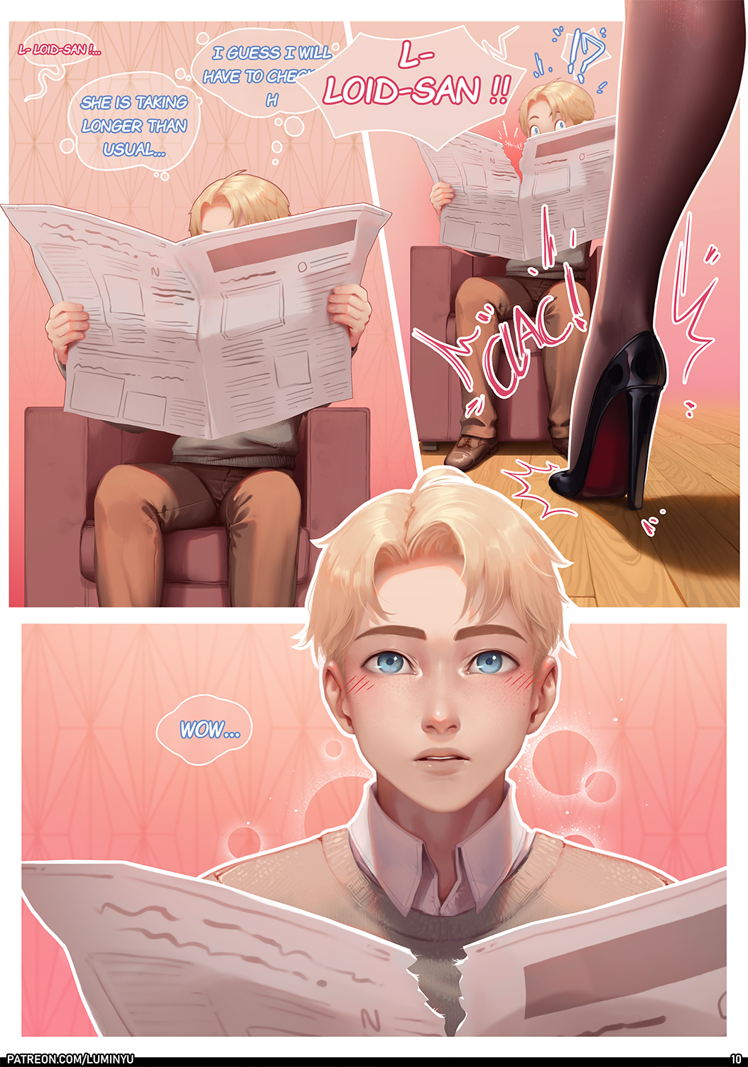 1boy, 1girls, blonde hair, blonde male, blonde-haired male, blue eyes, blush, blush lines, blushing, color, colored, comic, comic page, comic panel, dialogue, english, english dialogue, english text, female, high heels, human, legwear, light skin, light-skinned male, loid forger, luminyu, male, male focus, male/female, page 10, page number, pale skin, pale-skinned male, solo focus, spy x family, stockings, straight, surprised, text, yor briar, yor forger