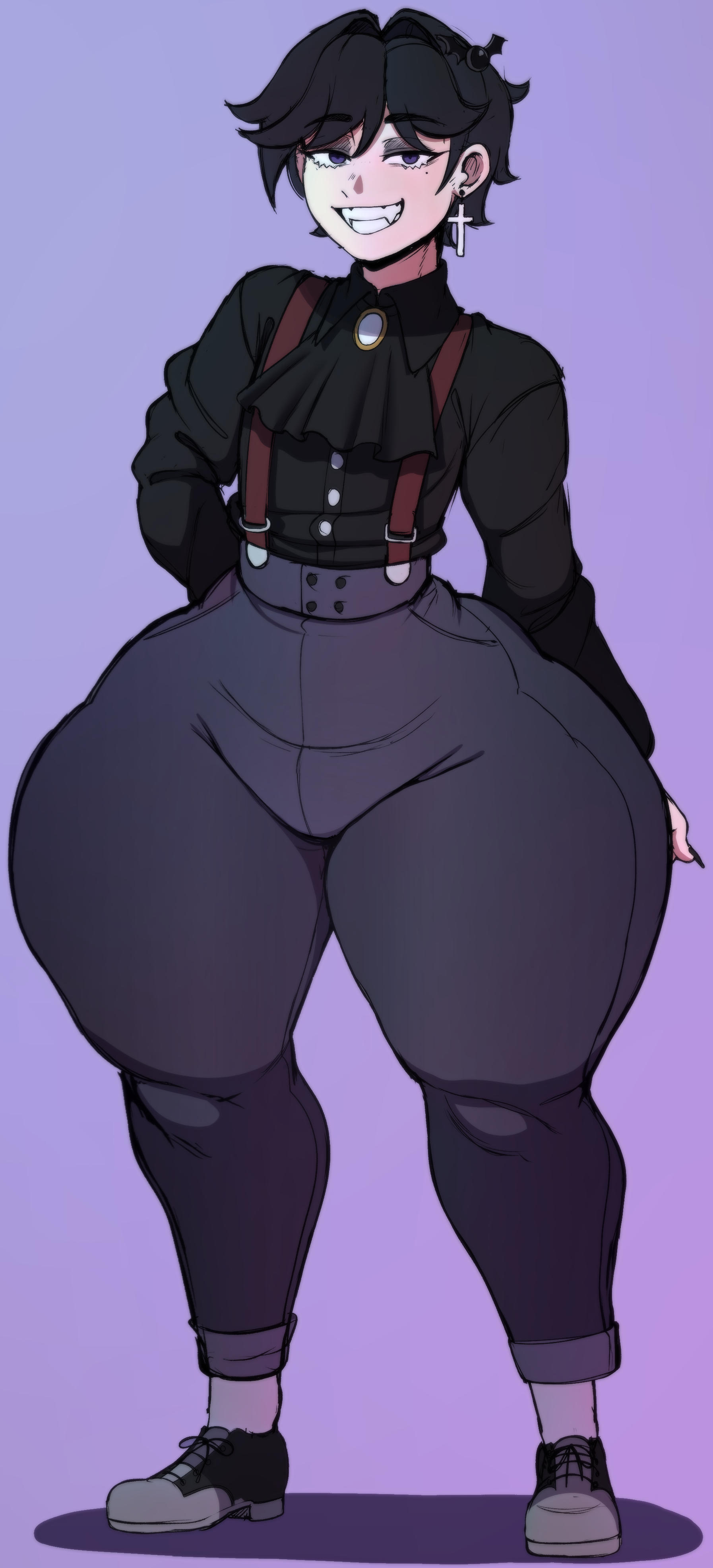 1boy, ass, black hair, blackwhiplash, bwl, character sheet, child bearing hips, clothed, earring, edit, edited, femboy, femboy only, feminine male, fully clothed, goth, gothic, high res, huge hips, huge thighs, jeans, looking at viewer, male, male only, mitch cruorem (blackwhiplash), oc, original, original character, pale skin, pants, purple eyes, seductive, seductive eyes, seductive look, seductive pose, seductive smile, shiny skin, short hair, smile, smiling, smiling at viewer, smirk, smirking, smirking at viewer, solo, source request, standing, suspenders, thick, thick ass, thick legs, thick thighs, tight clothing, tight fit, tight pants, tights, vampire, voluptuous, voluptuous femboy, voluptuous male, wide hips