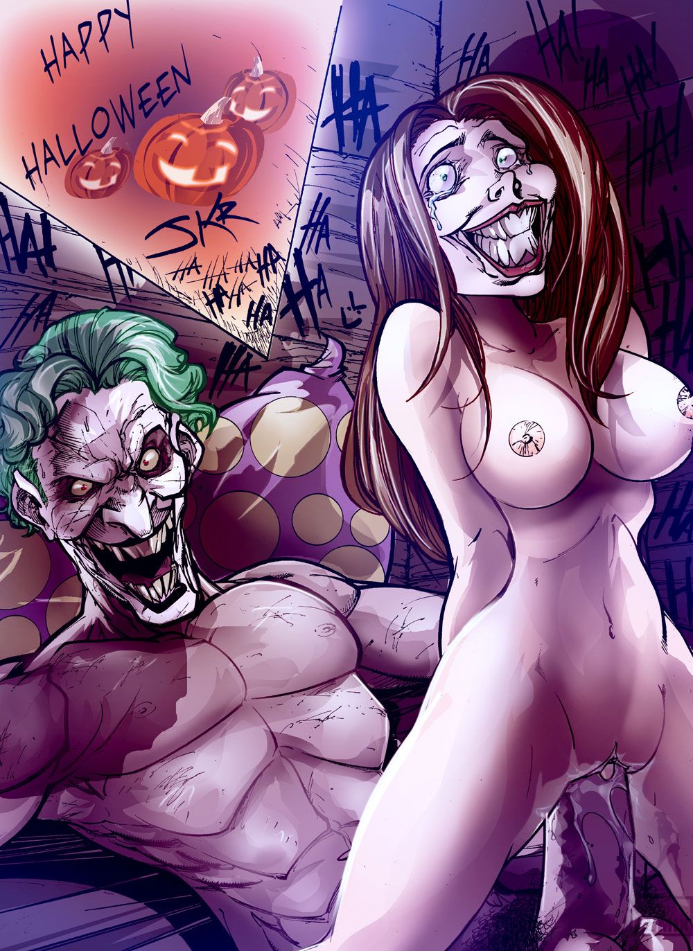 1boy 1girls batman_(series) breasts dc dc_comics female halloween jkr joker male nipples nude penis pussy rape sex smile tears