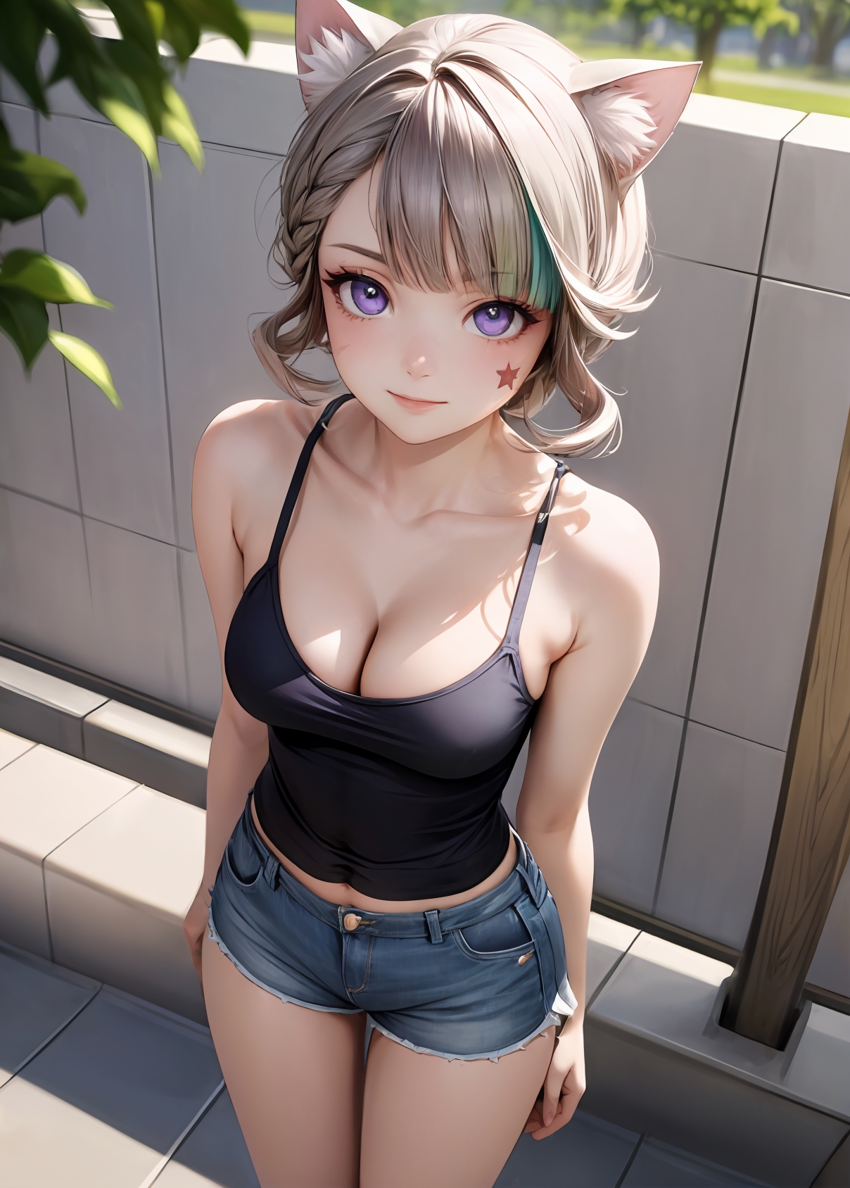 1girls, 2d, ai generated, animal ear fluff, animal ears, athletic, athletic female, bare arms, bare legs, bare shoulders, belly, big breasts, bodsur, breasts, cat ears, chest, cleavage, curvy, curvy figure, cute face, detailed, eyelashes, eyeshadow, facial mark, female, female only, fit, fit female, fluffy ears, genshin impact, high quality, legs, light brown hair, light hair, light skin, light-skinned female, lipstick, looking at viewer, lynette (genshin impact), makeup, mascara, medium breasts, midriff, pale skin, pale-skinned female, petite, petite body, posing, purple eyes, seductive, seductive look, skin tight, solo, stable diffusion, tank top, thighs, young, younger female