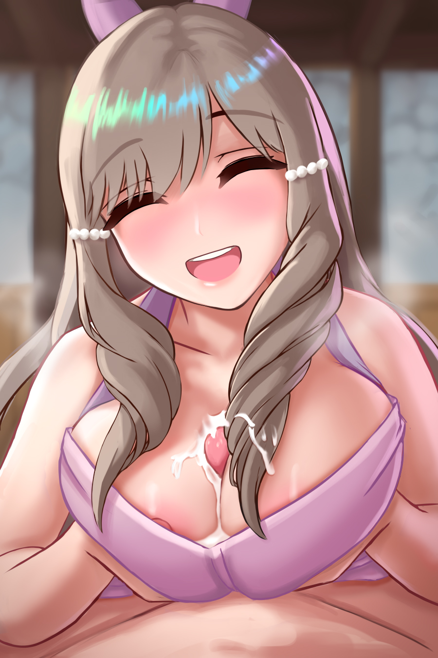 1boy 1girls apron apron_only areola_slip areolae bangs bare_arms breast_press breast_squeeze breasts brown_hair ciderwrath cleavage closed_eyes cum cum_between_breasts cum_on_breasts cum_on_hair female female_focus fire_emblem fire_emblem_awakening hair_ornament happy indoors large_breasts light-skinned_female light-skinned_male light_skin long_hair male male_pov naked_apron nintendo nipple_slip nipples open_mouth paizuri penis pov sex smile solo_focus sumia_(fire_emblem) very_long_hair