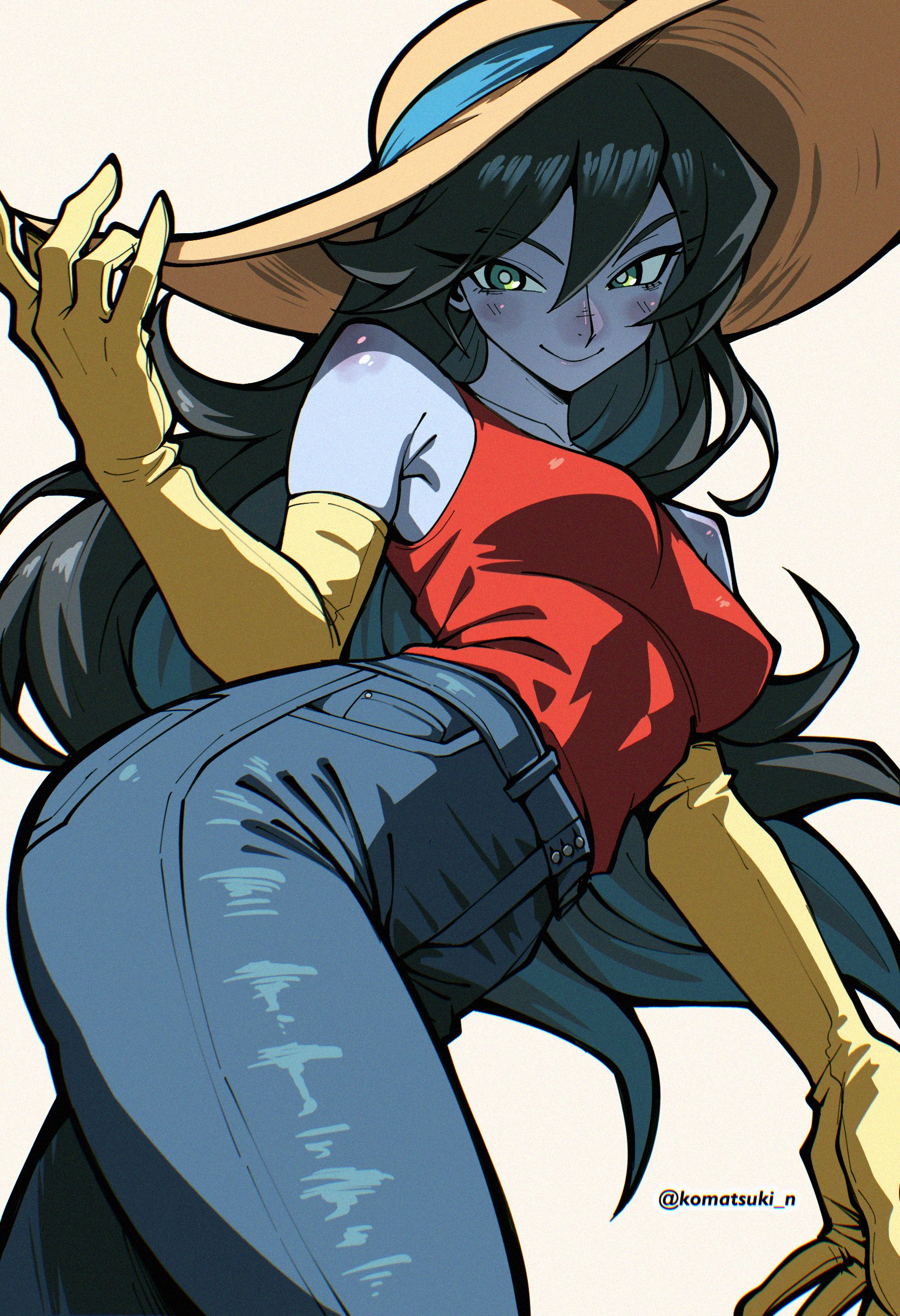 adventure time, ass, black hair, blue skin, blush, breasts, female, female only, gloves, green eyes, hat, headgear, jeans, komatsuki n, long hair, marceline, pants, smile, tagme, thick thighs, vampire, vampire girl, voluptuous