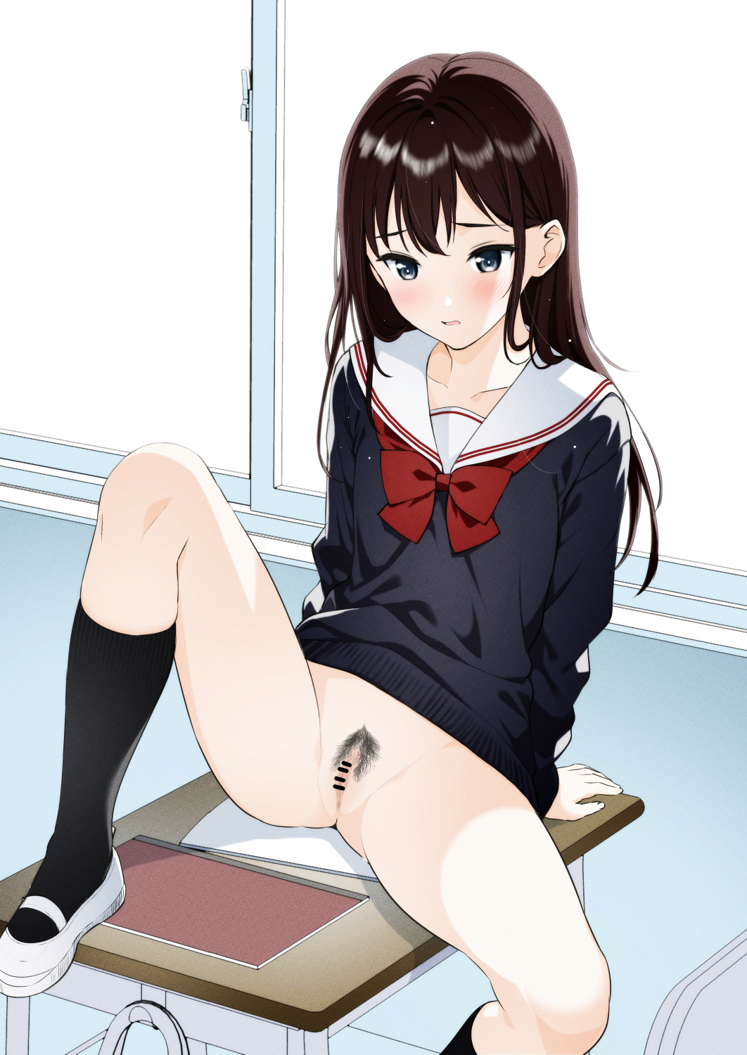 1girls bangs bar_censor black_hair black_socks black_sweater blush bottomless bow bowtie brown_hair censored classroom commentary_request dark_hair desk embarrassed female female_pubic_hair grey_eyes highres kneehighs long_hair long_sleeves mary_janes moonsorrow neckerchief on_desk original parted_lips pubic_hair pussy red_bow red_bowtie red_neckerchief sailor_collar school_uniform serafuku shoes sitting socks solo spread_legs sweater thighs white_footwear window winter_uniform