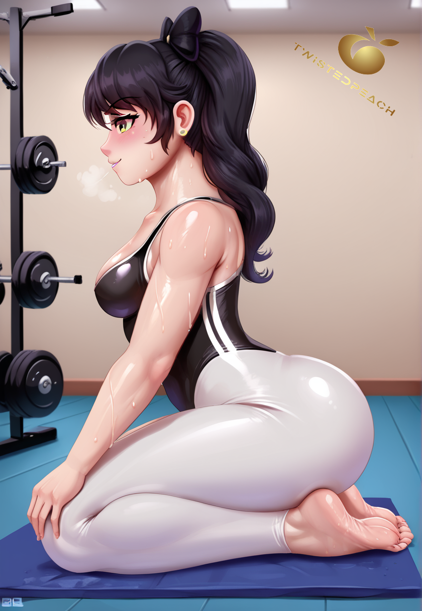 ai_generated big_ass blake_belladonna gym gym_clothes gym_uniform jlullaby_(style) rwby sweat sweating tagme twistedpeach yoga_pants