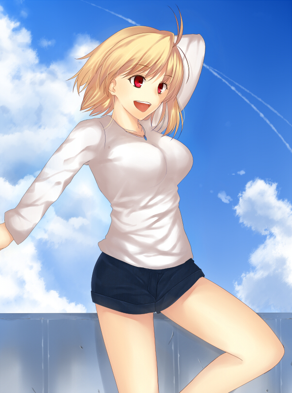 00s :d ahoge arcueid_brunestud bad_id bad_pixiv_id blonde_hair breasts cloud day female female_focus iro_(sekaixiro) large_breasts long_sleeves melty_blood open_mouth red_eyes shorts skirt smile solo tsukihime tsukihime_(remake) type-moon