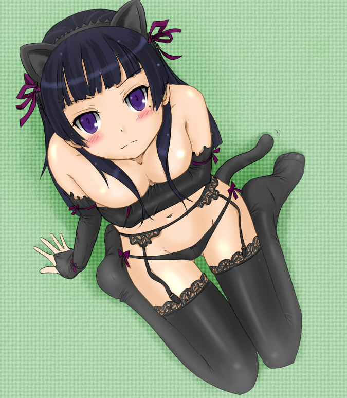 1girls animal_ears black_hair black_legwear black_thighhighs blush breast_press breasts cat_ears cat_tail cleavage elbow_gloves female fingerless_gloves from_above garter_belt gloves gokou_ruri hair_ribbon hairband kuroku lingerie long_hair looking_up mole my_little_sister_can't_be_this_cute ore_no_imouto_ga_konna_ni_kawaii_wake_ga_nai panties purple_eyes ribbon sitting smile solo tail thighhighs underwear