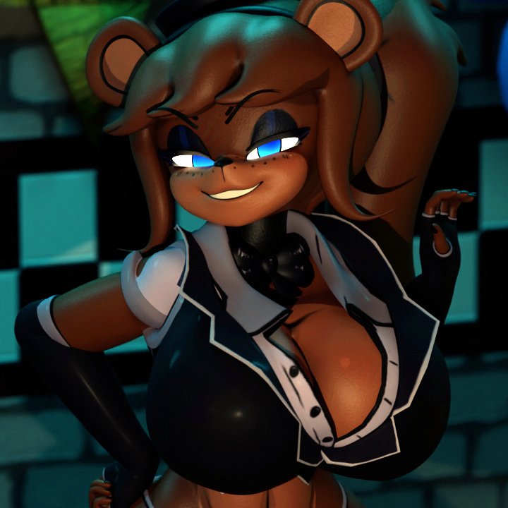 1robot_girl 3d bear_ears blue_eyes boob_window cleavage female five_nights_at_freddy's freddy_(fnaf) fredina's_nightclub fredina_(cally3d) frenni_(cryptia) frenni_fazclaire long_hair looking_at_viewer ponytail robot_humanoid rule_63 shocking_(artist) solo