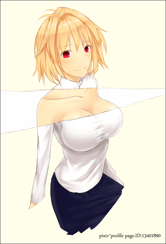 00s antenna_hair ao_sora_heki aosora_aoi arcueid_brunestud bad_id bad_pixiv_id blonde_hair border breasts cleavage collarbone female female_focus impossible_clothes impossible_sweater large_breasts no_bra page_tear red_eyes revealing_layer short_hair simple_background skirt smile solo sweater taut_clothes tsukihime turtleneck watermark web_address white_background