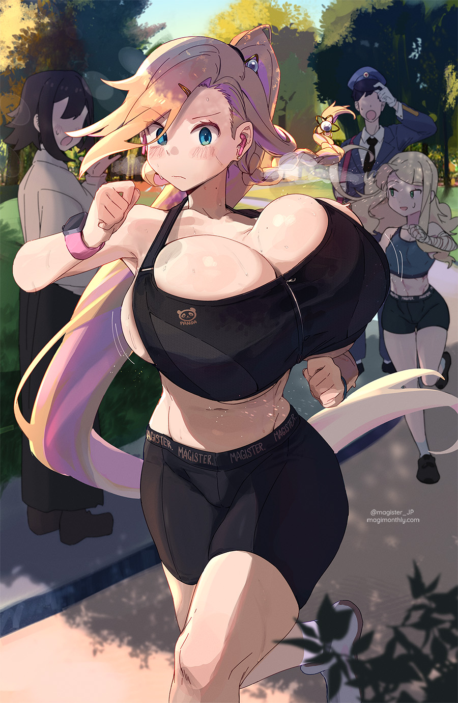 blonde_hair blue_eyes blush bouncing_breasts breasts fat_breasts flat_belly huge_breasts jogging magister_(bigbakunyuu) midriff pandora_smith police ponytail running sports_bra sportswear sweat watch