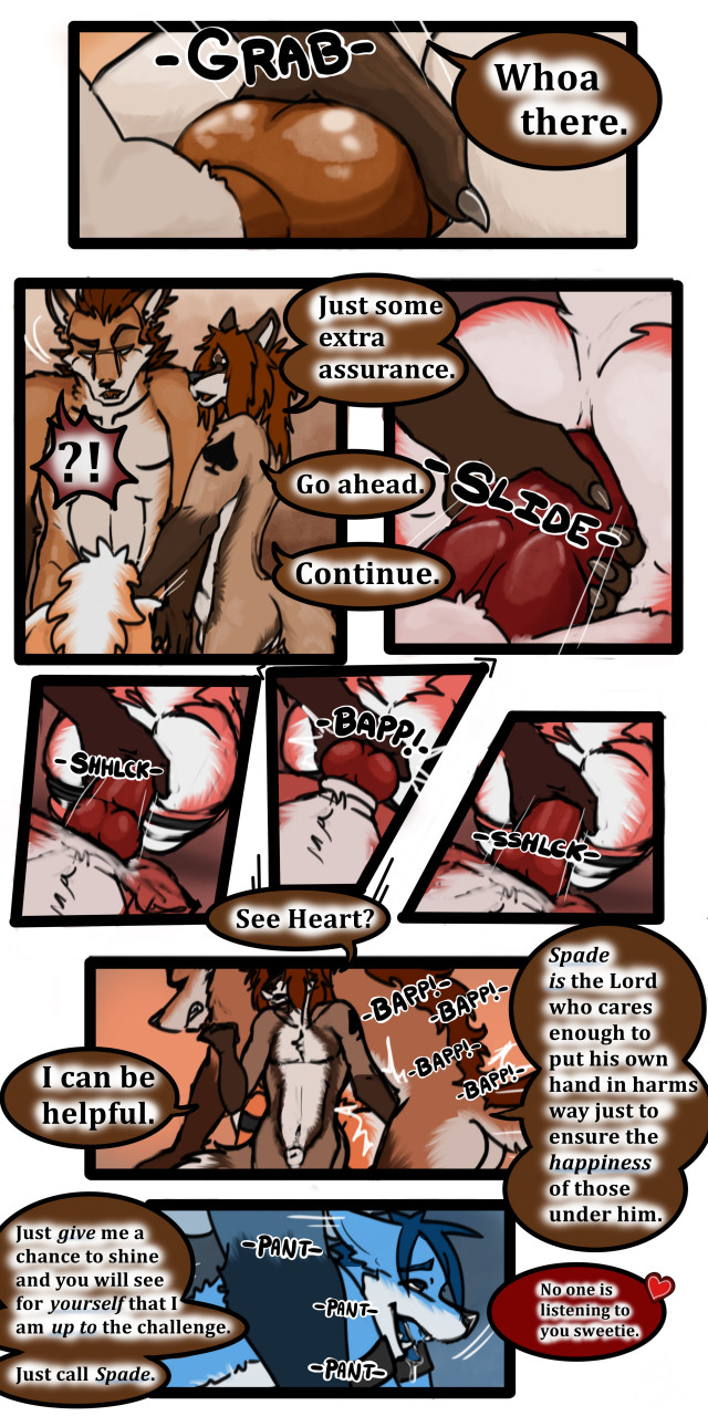 ♠ 1:2 2021 9:18 animal_genitalia anthro ass biped canid cobalt_(tatsuchan18) collar comic dialogue english_text fenrir_(tatsuchan18) fur genitals group hair hi_res male mammal open_mouth penis sheath spade_(tatsuchan18) speech_bubble standing suit_symbol tatsuchan18 text trio