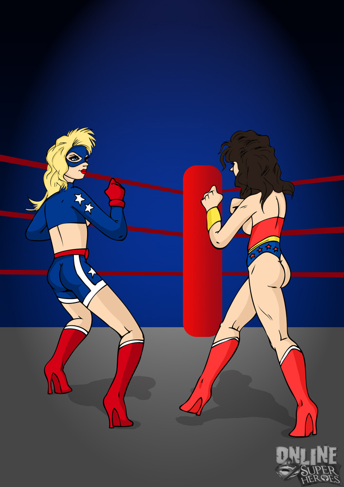 2girls ass black_hair blonde_hair boxing_gloves dc dc_comics female female_only fighting fighting_stance high_heel_boots justice_league knee_boots multiple_girls online_superheroes sparring stargirl tagme unknown_artist wonder_woman wonder_woman_(series)