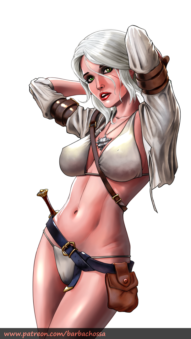 barbachossa breasts cameltoe ciri female green_eyes light-skinned_female panties scar solo the_witcher_(series) the_witcher_3:_wild_hunt thighs underwear white_hair witcher_medallion