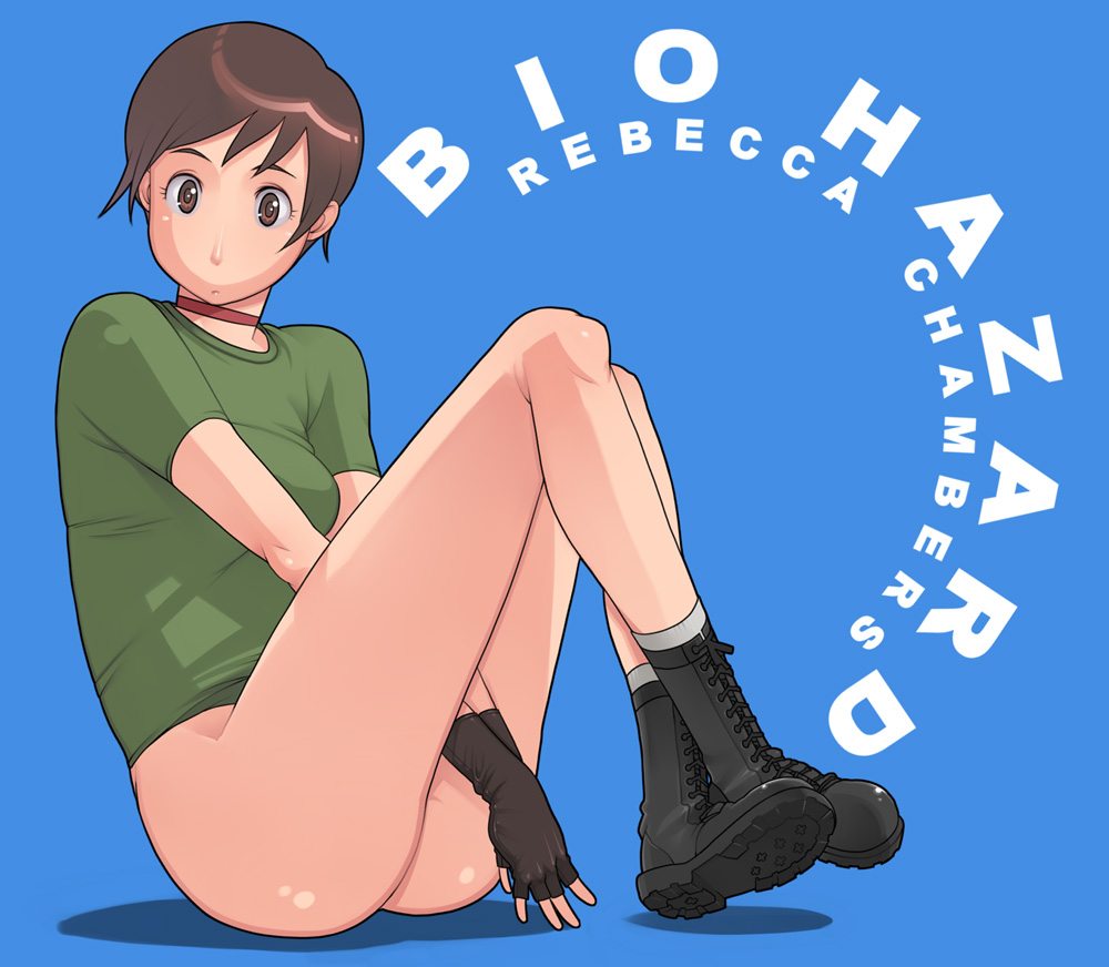 boots bottomless brown_eyes brown_hair female female_only fingerless_gloves g-room_honten gloves human rebecca_chambers resident_evil short_hair simple_background solo