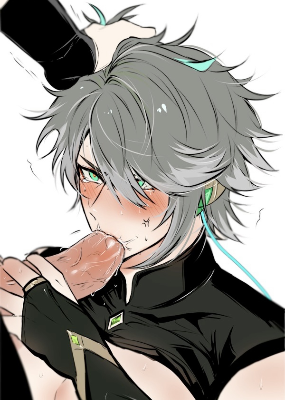 alhaitham (genshin impact), annoyed expression, big penis, blowjob, blush, genshin impact, green eyes, grey hair, kaveh (genshin impact), male, male only, penis, pulling hair, yaoi