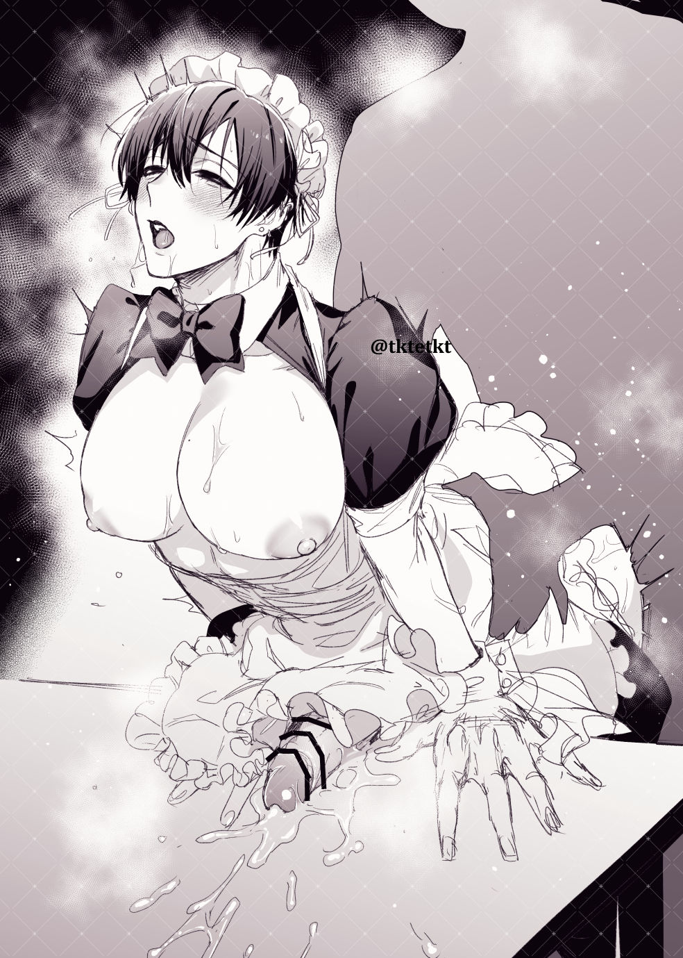 2boys, alternate version available, apron, ass, ass grab, big breasts, blush, breasts, breasts out, busty, busty male, censored, closed eyes, crossdressing, cum, cum outside, cum while penetrated, detached sleeves, ear piercing, earrings, erection, eyelashes, eyeshadow, gay, gay sex, handjob, headgear, heart, heart censor, maid, maid outfit, makeup, male, male only, male with breasts, male/male, masculine crossdresser, masturbation, open mouth, ribbon, sketch, skirt, solo, solo male, standing, standing sex, sweat, tktetkt