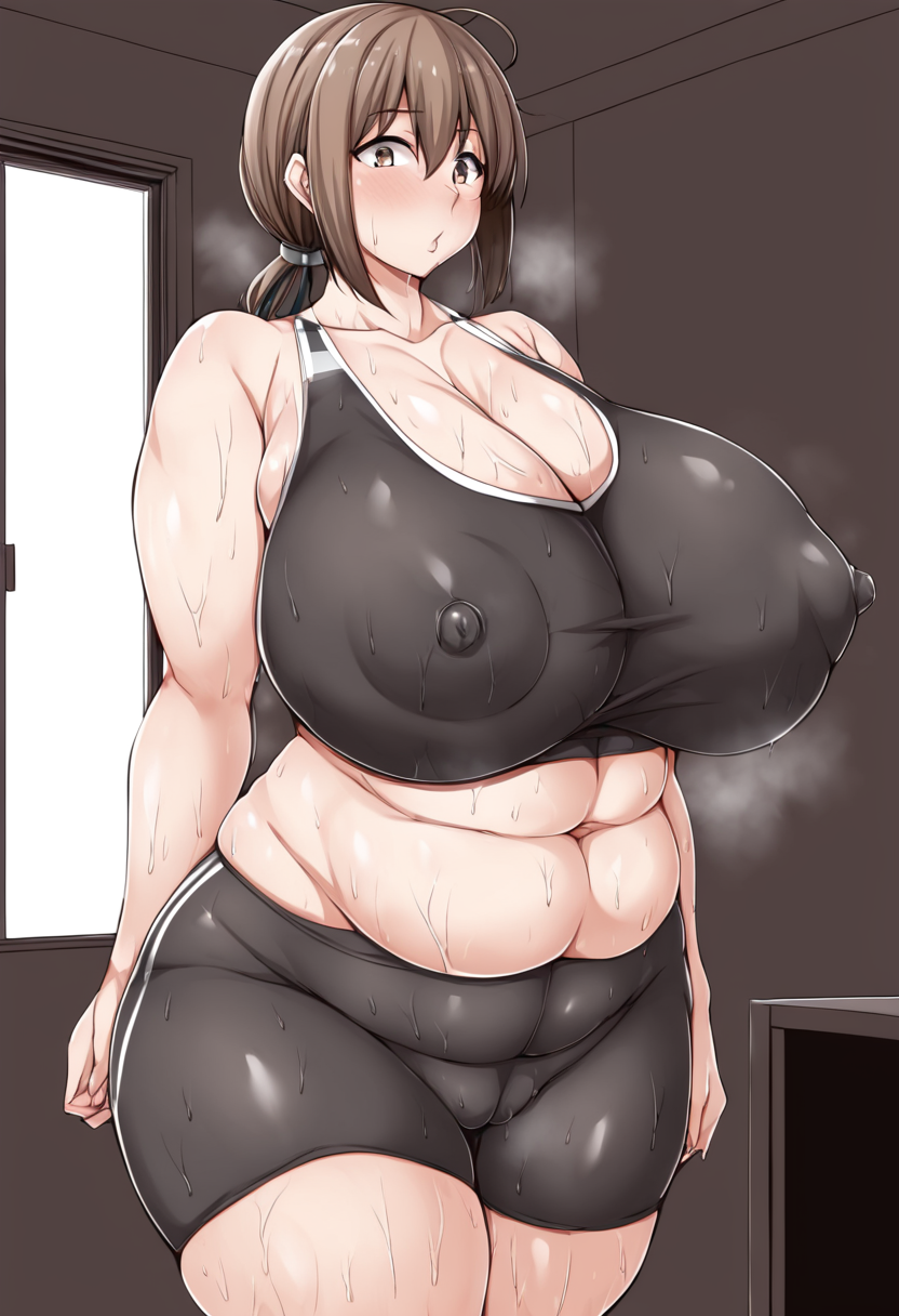 1girls ai_generated bike_shorts brown_eyes brown_hair cameltoe cleavage covered_nipples female huge_breasts jema_(style) low_ponytail original plump self_upload skindentation sports_bra steam steaming_body sweaty thick_thighs